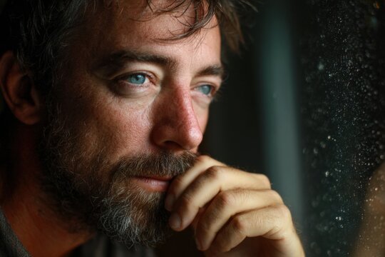 Contemplative man gazes out a rain-soaked window in a cozy room during a quiet evening - Powered by Adobe