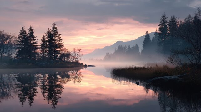 8k, realistic, full ultra HD, high resolution, cinematic photography A tranquil lakeside view at dawn on New Year's Day, mist rising from the water, and serene reflections of nature