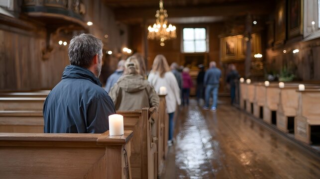 A group of people explores the interior of a historic wooden church adorned with lit candles on pews