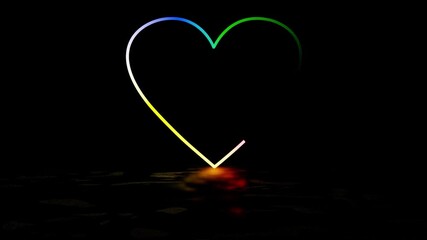 Luminous heart shape emitting vibrant rainbow colors against a dark background with reflective surface creating a romantic mood