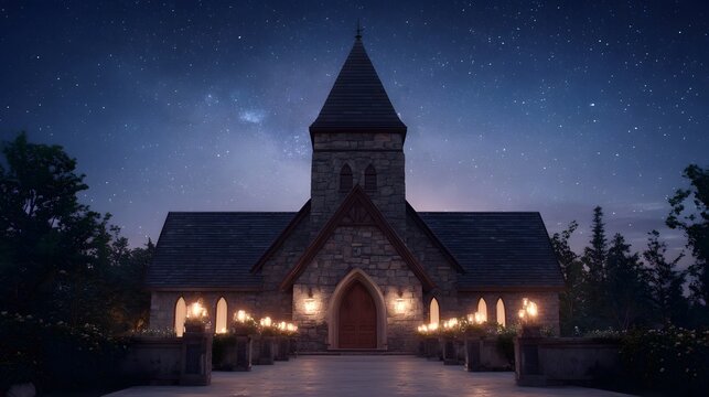 A stone church with a steeple stands under a starry night sky illuminated by warm lanterns along its entrance pathway