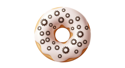 Food meets engineering: sweet donut with metallic gears concept isolated on transparent background, illustration