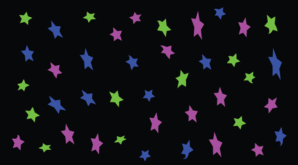Fototapeta premium Abstract Neon Green, Blue, and Pink Scattered Stars Pattern on Black Background for Festive and Party Designs