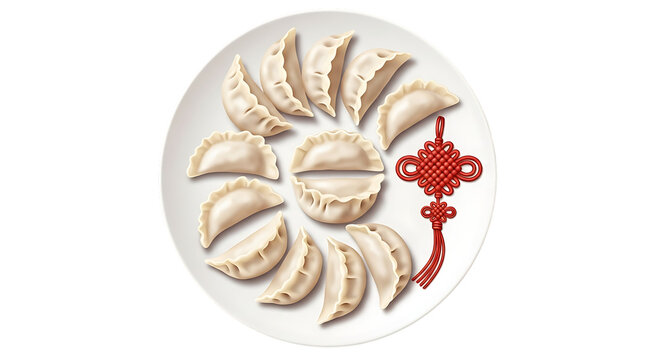 Delicious chinese dumplings and traditional red knot on plate isolated on transparent background, illustration