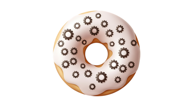 Food meets engineering: sweet donut with metallic gears concept isolated on transparent background, illustration