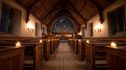 Obraz premium Ethereal church interior with wooden pews lit candles and a starlit sky arch