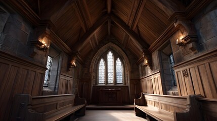 Interior view of a rustic wooden chapel with gothic and vaulted ceilings bathed in soft light