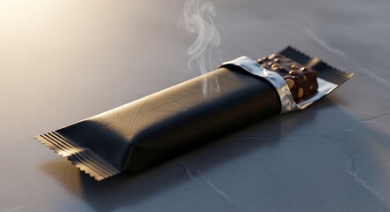 A tempting dark chocolate protein bar, partially unwrapped to reveal its rich filling, rests on a sleek marble surface, with a gentle wisp of steam rising to emphasize its freshness