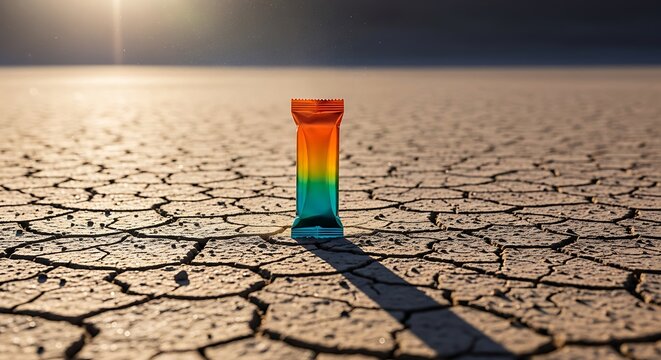 A vibrant energy gel stands alone in a cracked desert landscape, symbolizing endurance and the need for sustenance in harsh, unforgiving environments