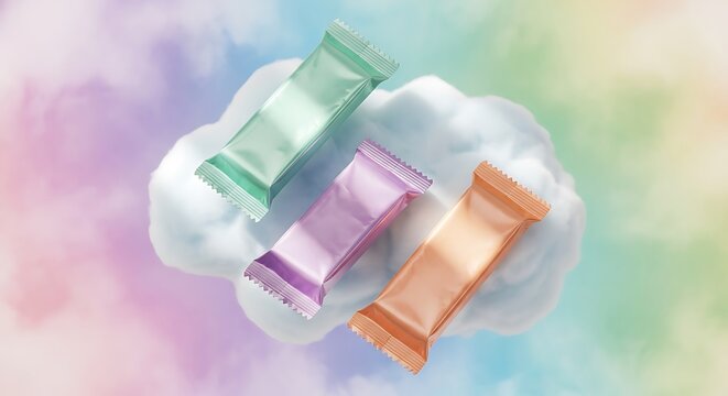 Three pastel candy bars float on a fluffy white cloud against a dreamy rainbow background, evoking a sense of whimsy, sweetness, and ethereal delight