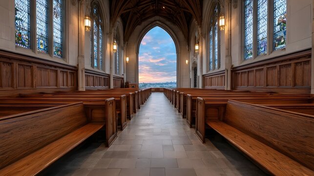 Empty Gothic church interior with wooden pews stained glass  and an arched opening revealing a twilight sky