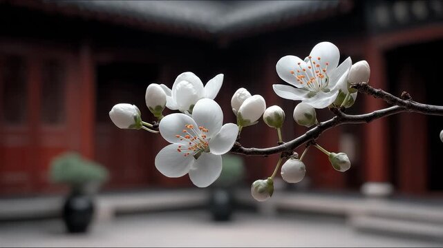 A branch of pear blossoms quietly blooming in a Tang-style architectural courtyard