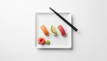 Minimalist sushi plate with chopsticks on clean white background