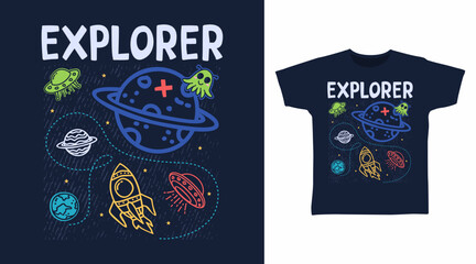 Space explorer line art illustration hand drawn, vector ready for print on t-shirt and other uses.