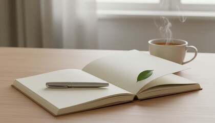 Fototapeta premium Open notebook with pen and steaming tea on a desk