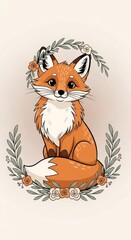 Obraz premium Cute cartoon fox with a gentle smile sitting. Adorable woodland creature wearing a natural floral wreath made of green leaves and delicate blooming flowers.