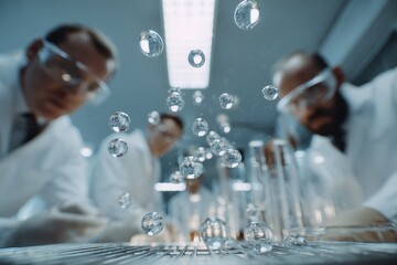 Scientists observing falling molecules during a laboratory experiment focused on chemical reactions and molecular interactions in a modern research facility