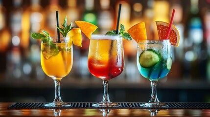 Fresh tropical cocktails served on bar high resolution picture