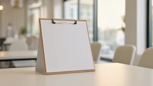 Blank clipboard standing on a clean white table