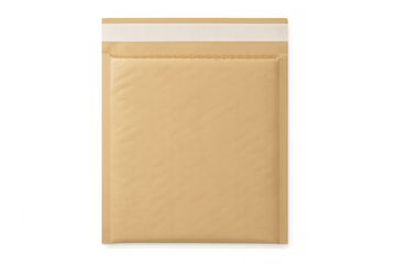 Brown padded bubble mailer envelope with self seal strip for secure shipping and posting goods, transparent background