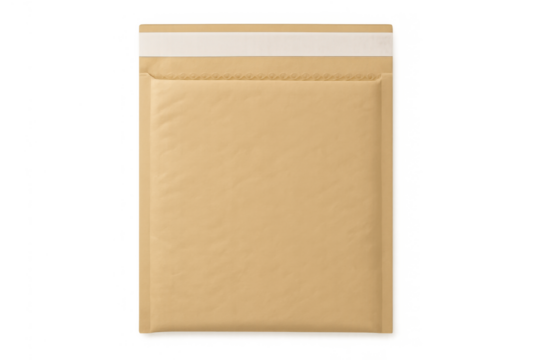 Brown padded bubble mailer envelope with self seal strip for secure shipping and posting goods, transparent background