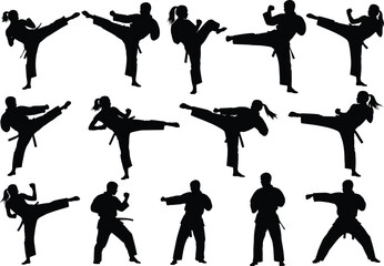 Dynamic martial arts silhouette collection showing men and women practicing high kicks, combat stances, karate techniques, fitness training poses, perfect for sports vector illustration designs © It's Majed Here