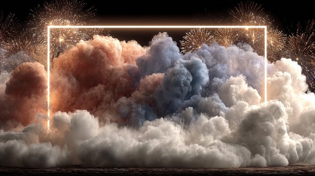 Minimal cinematic neon light gate frame captures colorful pyro debris on black negative space, wide-angle 20MP photo, ideal for invite cover, stage LED wall, phone lock-screen wallpaper