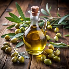 olive oil and olives on wooden background, Premium Olive Oil Bottle With Fresh Olives And Leaves On Wooden Surface