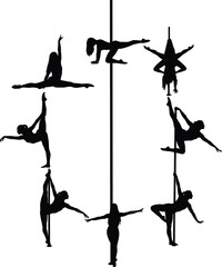 Dynamic pole dance silhouettes showcasing athletic poses, acrobatic movement, and artistic flexibility, perfect for fitness studio branding, performance 