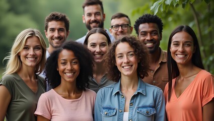 Group portrait of smiling people representing diverse cultures and inclusive connections in a positive outdoor environment