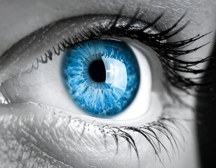 Close-up of a striking blue eye, eyelashes detailed, against grayscale