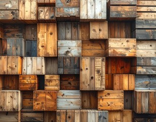 Texture of wooden crates arranged in a patterned wall