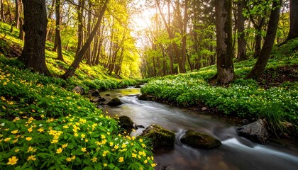Obraz premium A scenic sunlit stream flowing through a lush green forest