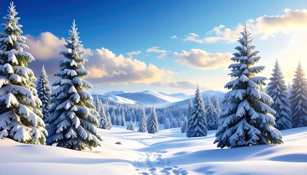 Snowy landscape with frosted trees under a blue and cloudy sky