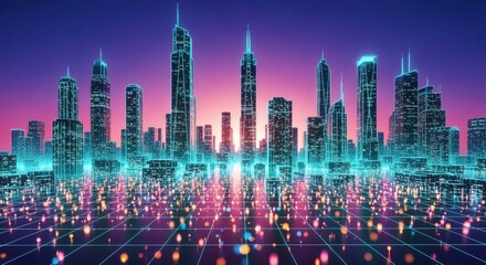 Artistic stylized image of a cyber grid city skyline, with skyscrapers glowing with luminous wireframe lines in teal and violet. Urban and Abstract concept
