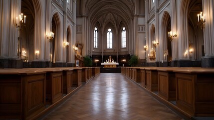 Interior of a majestic gothic cathedral with rows of wooden pews vaulted ceilings and an altar lit by soft candlelight
