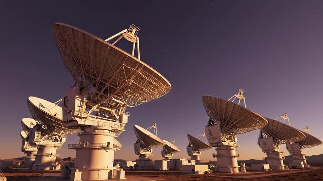 Radiotelescopes in a sprawling desert landscape with satellite dishes, representing forward thinking innovation and connectivity through OPC technology, perfect for use cases involving.