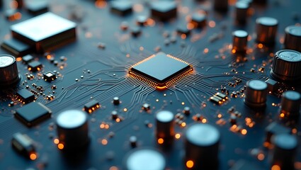Macro view of futuristic circuit board glowing with advanced digital complexity in detailed motion.