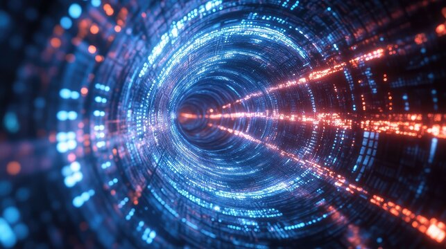 Digital data flowing through abstract fiber optic tunnel
