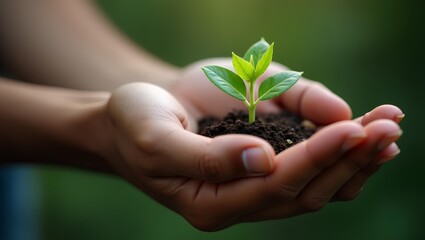 Hands gently holding soil with a small green sprout symbolizing growth, sustainability, and care.