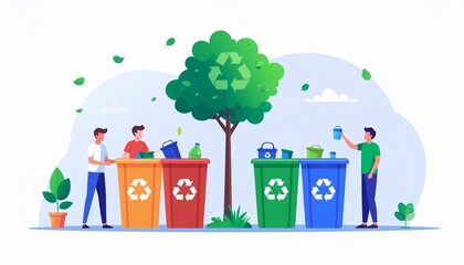 Young people diligently sort recyclables into colorful bins promoting environmental awareness and sustainability with lush greenery present