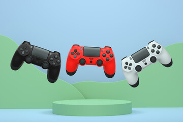 Colorful gaming controllers joystick levitating over podium against abstract background, minimalist concept device on pedestal