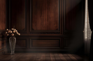 Elegant Dark Wood Paneled Room with Flowers and Luxurious Vintage Decor