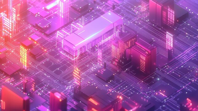 Digital city circuit board structure with glowing neon lines