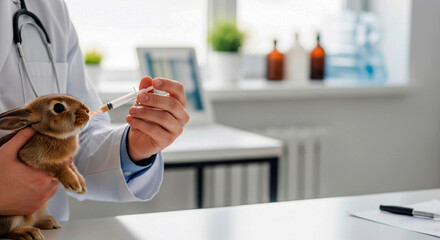 Small brown rabbit receiving treatment — veterinarian with syringe, professional pet care, veterinary clinic environment