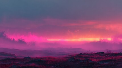 Neon light trails illuminating foggy purple landscape at sunset