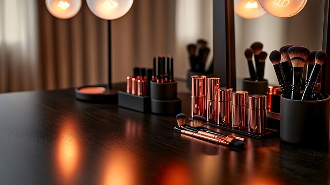Elegant makeup brush set beautifully displayed under warm lighting for cosmetic advertising or beauty blog lifestyle content, highlighting luxury and sophistication - Powered by Adobe