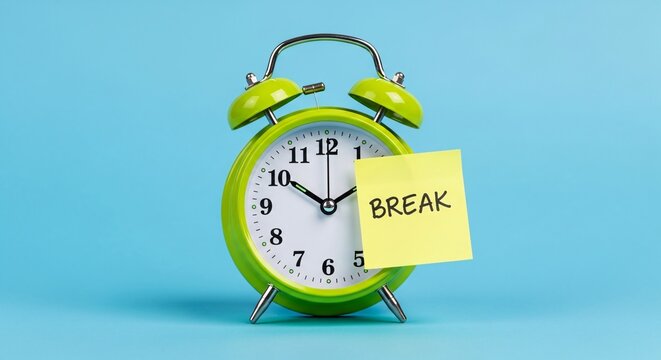 Green alarm clock with break reminder time management and relaxation concept