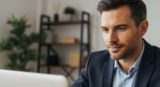 Laptop work in office — close‑up of confident businessman, focused professional male, modern environment