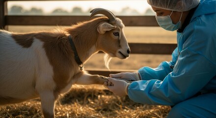 A veterinarian in protective gear examines a goat's hoof on a farm. Professional animal healthcare and livestock management. Farming and agriculture concept at golden hour
